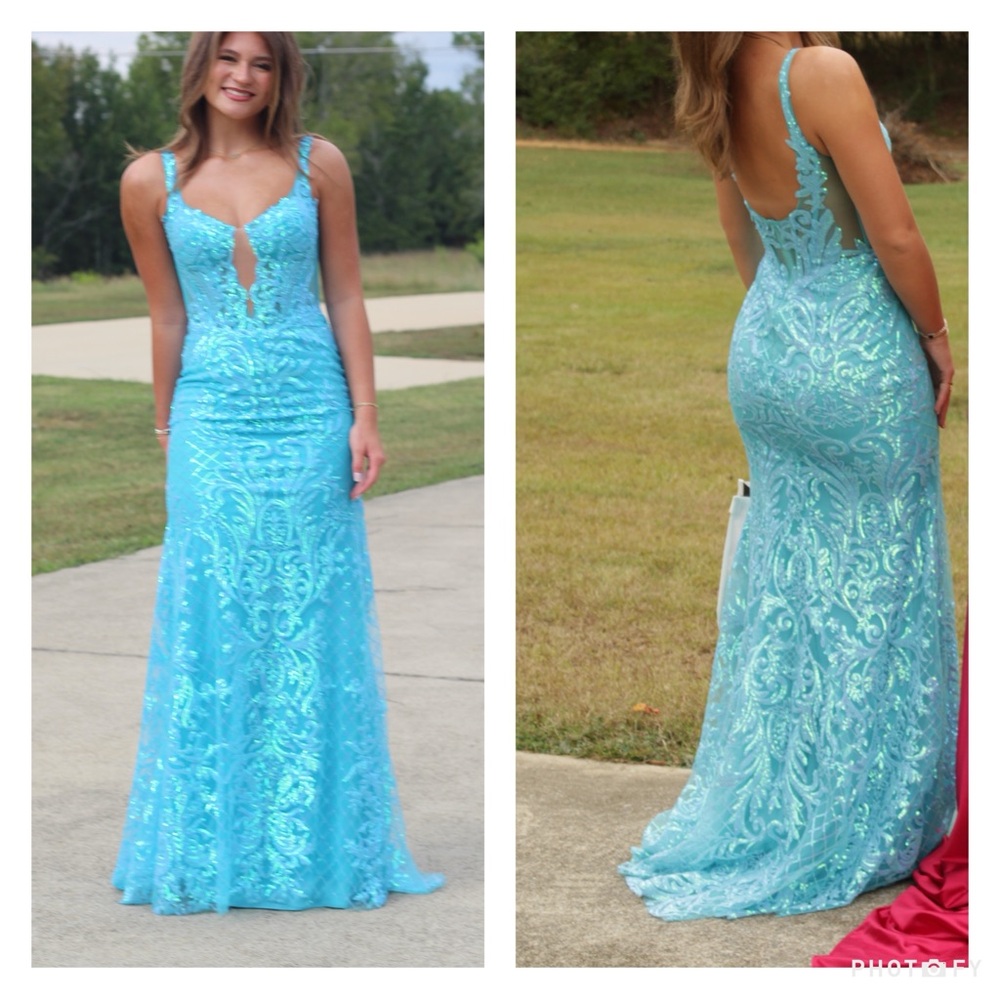 Elegant Blue Lace and Sequin Evening Gown